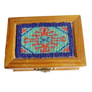 Vintage Huichol Handcrafted Mexican Beaded Box Top with Hinged Lid Navajo Style